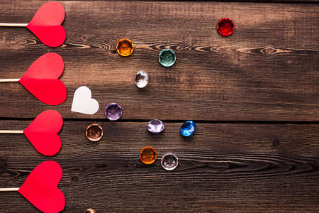 valentines day red hearts wooden background holidayの写真素材