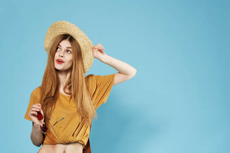 Cheerful woman in hat elegance glasses fashion emotions