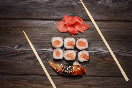 asian food sushi and roll set wooden sticks seafoodの写真素材