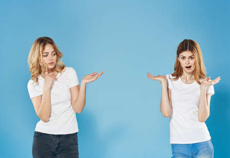 two fashion women in t-shirts communication lifestyleの写真素材