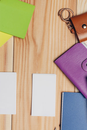 business cards multicolored markers notepads work desk school items
