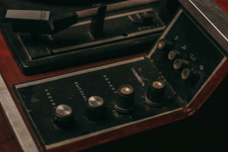 retro turntable vintage vinyl collection top view entertainmentの写真素材