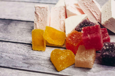 colorful marmalade sweets delicacy snack close-up studioの写真素材