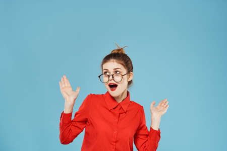 Women elegant style red shirt official blue background