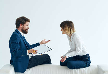 Emotional woman or man with communication model psychology documentsの写真素材