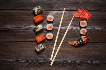 sushi set rolls chopsticks food ration wasabi delicacyの写真素材