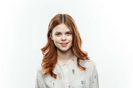 pretty woman in shirt glamor attractive look cropped view studio modelの写真素材