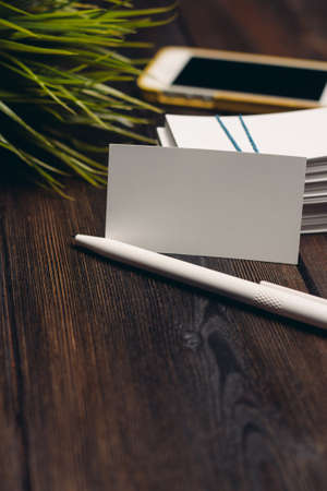 work office mockup business cards mobile phone and ballpoint pen flower pottedの写真素材