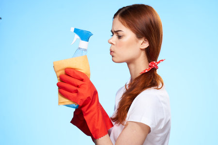 woman wearing rubber gloves detergent home care professionalの写真素材
