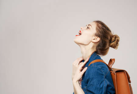 elegant woman fashionable clothes backpack glamor closeupの写真素材