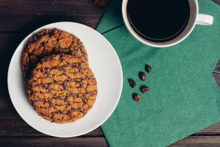 coffee cup sweets wooden table cooking breakfastの写真素材