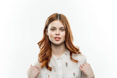 pretty woman in shirt glamor attractive look cropped view studio modelの写真素材