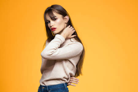 Cute brunette red lips fashionable clothes studio yellow backgroundの写真素材