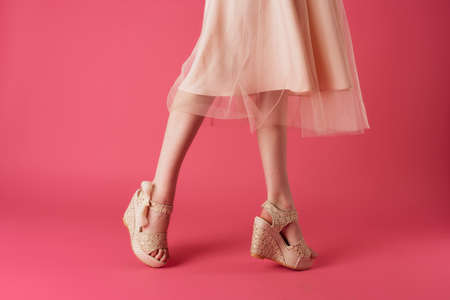 female feet attractive look fashion elegant style pink background