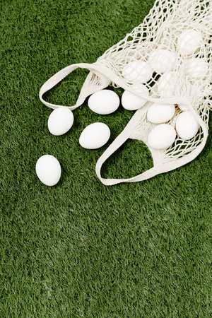 white easter eggs on a green lawn top view holiday easter