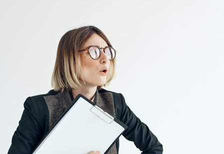 Woman Folder with documents business finance classic suit glasses