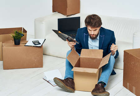 Business man boxes with things moving office lifestyle officialの写真素材