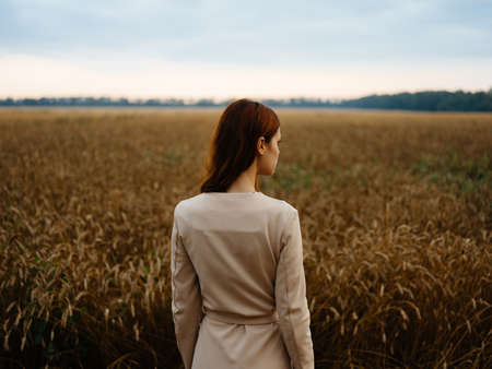 Back view of romantic woman outdoors in the fieldsの写真素材