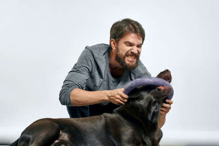 man with dog fun games recreation training petの写真素材