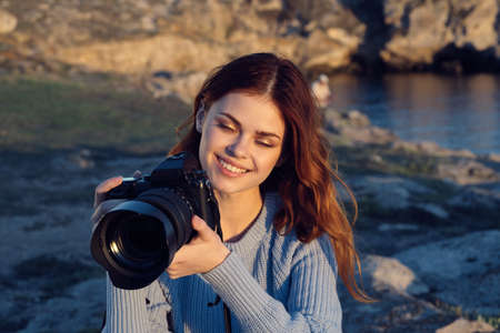 pretty woman photographer nature rocky mountains adventureの写真素材