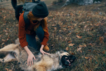 woman outdoors playing with dog friendship travelの写真素材