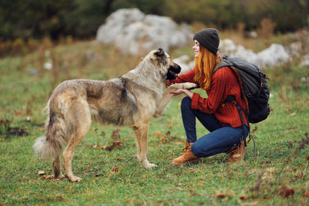 woman hiker backpack travel friendship walking the dog fun mountainsの写真素材