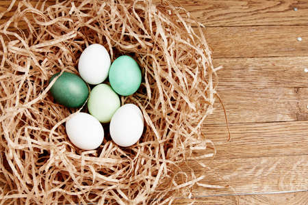 painted easter eggs in the nest close-up holiday decorationの写真素材