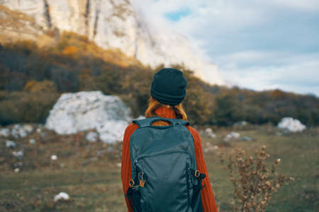 woman hiker nature travel vacation landscape funの写真素材