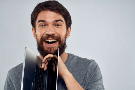 man with laptop technology entertainment communication officialの写真素材