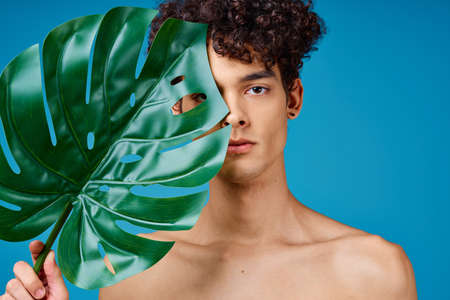 handsome man with curly hair naked shoulders green leaf clear skinの写真素材