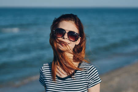 happy woman travels near the sea on the beach and clear water Ocean Model
