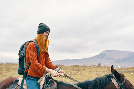 woman tourist sitting on horse walk fresh air travel friendship