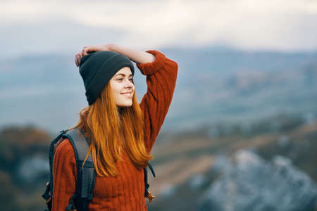 cheerful woman hiker mountains nature landscape travel vacation