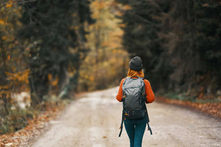 woman with a backpack in a hat and an orange sweater on the road in the autumn forestの写真素材