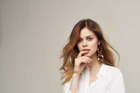 Elegant woman white shirt attractive look close-up