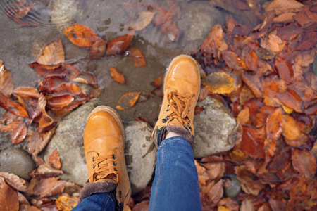 female feet on stones fallen autumn leaves top view