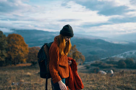woman hiker travel vacation walk dog mountainの写真素材