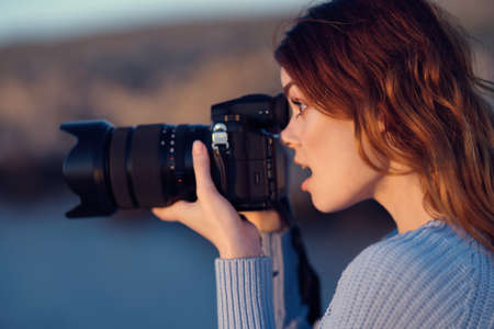 woman hiker nature photographer travel professional natureの写真素材