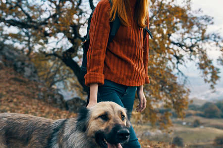 cheerful woman hiker nature friendship landscape travelの写真素材