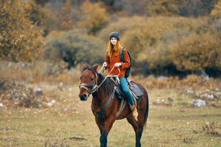 woman hiker rides a horse in a field mountains nature landscapeの写真素材