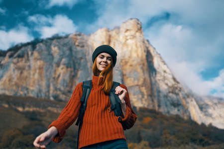 woman hiker nature fun mountains landscape lifestyleの写真素材
