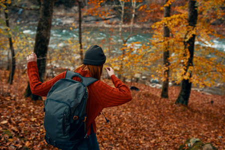 woman in a sweater with a backpack and in jeans walks through the autumn forest in the mountains near the riverの写真素材
