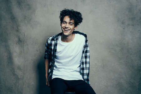 kinky guy plaid shirts fun cropped view studioの写真素材