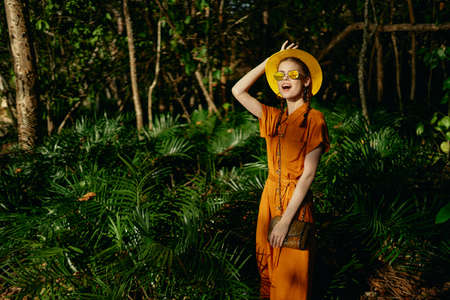 woman Tourist green leaves forest Exotic Jungle travelの写真素材