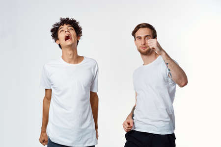 two joyful men friendship emotions communication studio