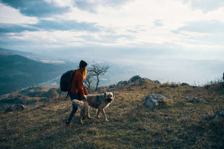 woman hiker with dog on nature travel mountains landscape funの写真素材
