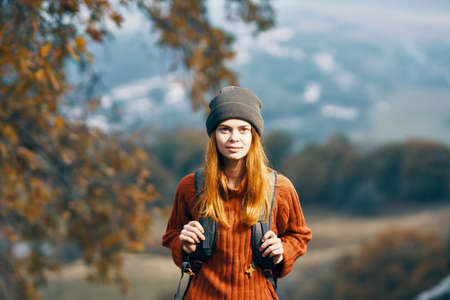 woman hiker backpack travel mountains nature adventureの写真素材