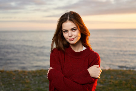 woman tourist beach landscape ocean travel fresh airの写真素材