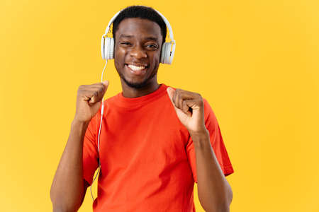 African American in headphones music technologyの写真素材