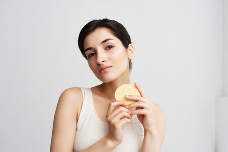 brunette in a white t-shirt Sponge in hands skin care light backgroundの写真素材